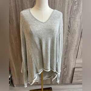 FREE PEOPLE Grey Oversized Off Shoulder Waffle print Long Sleeve Sweater Top. L